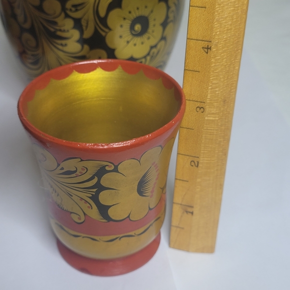 Vintage Russian Khokhloma wood set Vodka bottel 6 goblets one water gobl… - Picture 15 of 16